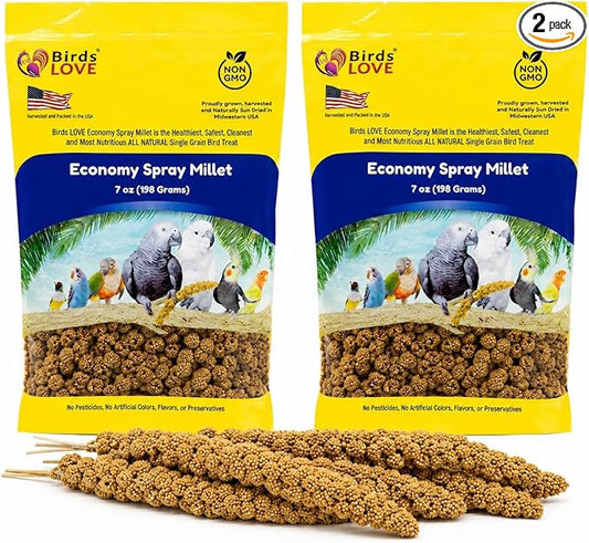 Birds LOVE Economy Special Spray Millet | GMO-Free (No Stems Only Edible Tops) for Birds Cockatiel, Lovebird, Parakeet, Finch, Canary All Parrots Healthy Treat 7 oz -Pack of 2