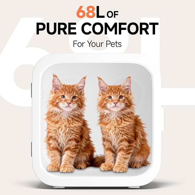 68L Automatic Pet Dryer Box for Cats & Small Dogs – Ultra Quiet, Smart Temp Control, 360° Dual Airflow, Fast & Safe Drying,Care Window， Negative Ion Care for Home Grooming