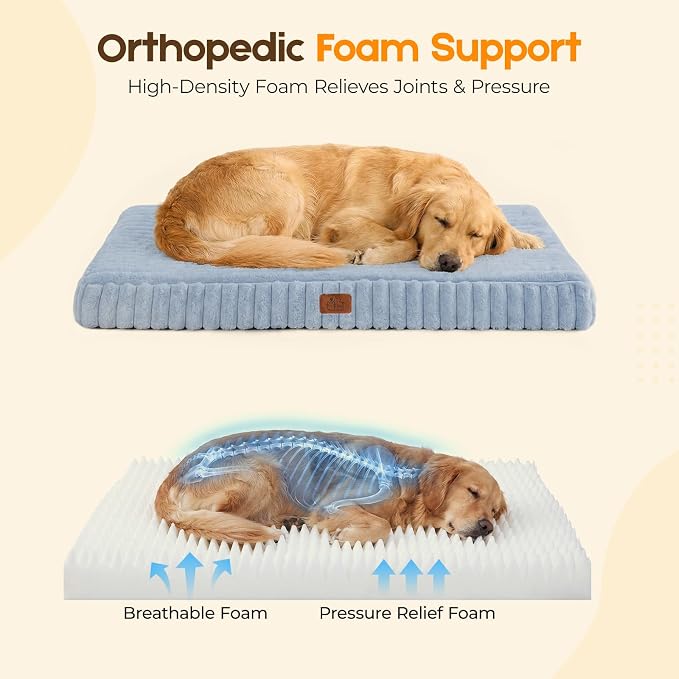 Orthopedic Dog Bed for Large Dog, Waterproof Pet Bed for Crate,Non-Slip Bottom and Egg-Crate Foam with Removable Washable Cover Crate Bed,Blue,35"x22"x3"