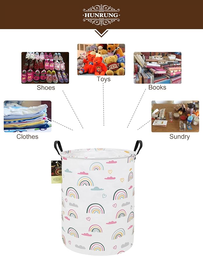 Collapsible Fabric Storage Basket, Waterproof Laundry Hamper with Handles, Round Storage Bin for Clothes Toys, Foldable Organizer for Bedroom Nursery Bathroom(Round-Rainbow)