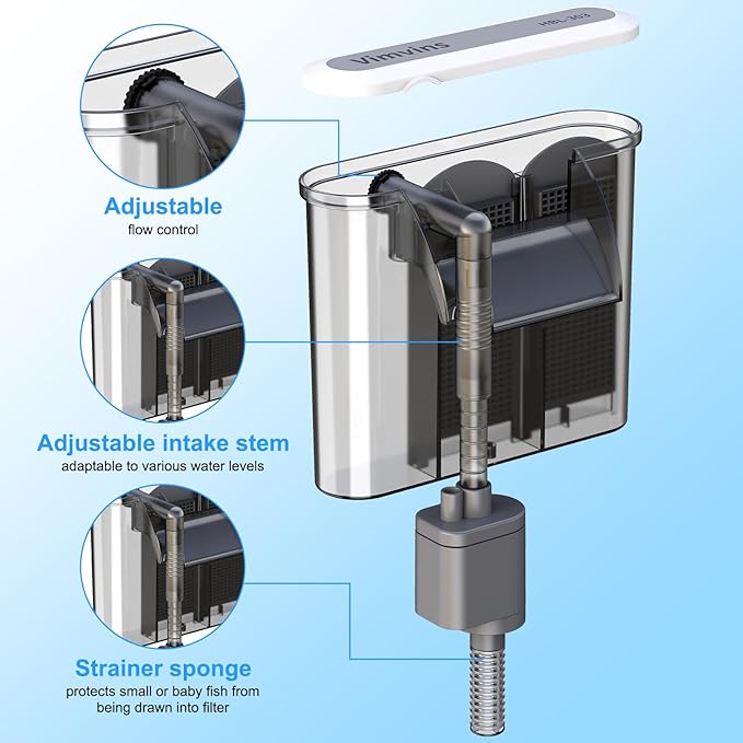 Vimvins Small Aquarium Filter, Quiet Fish Tank HOB Filters for 2 to 5 Gallon Aquariums, Adjustable Flow（Model: 302）