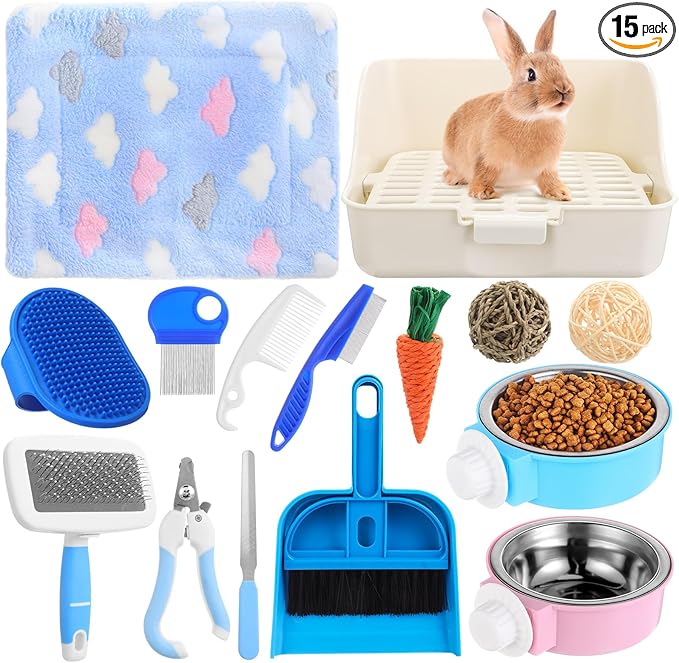 Reallnaive 15 Pcs Rabbit Starter Kit Small Rabbit Litter Box Girls Gift Animal Grooming Kit Bunny Toys Bowl Blankets with Cleaning Set for Guinea Pig Accessories(Multicolor)