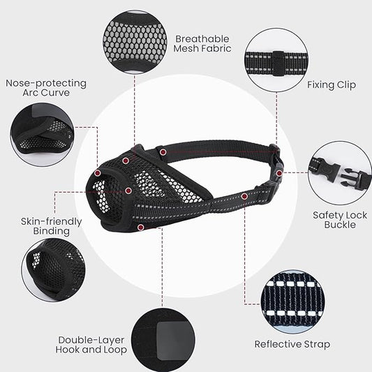 2 Pack Dog Muzzle,Mesh Soft Muzzle for Small Medium Large Sized Dog, Anti Barking Biting, Breathable Adjustable Drinkable，Mouth Cover for Grooming Training（Black, M