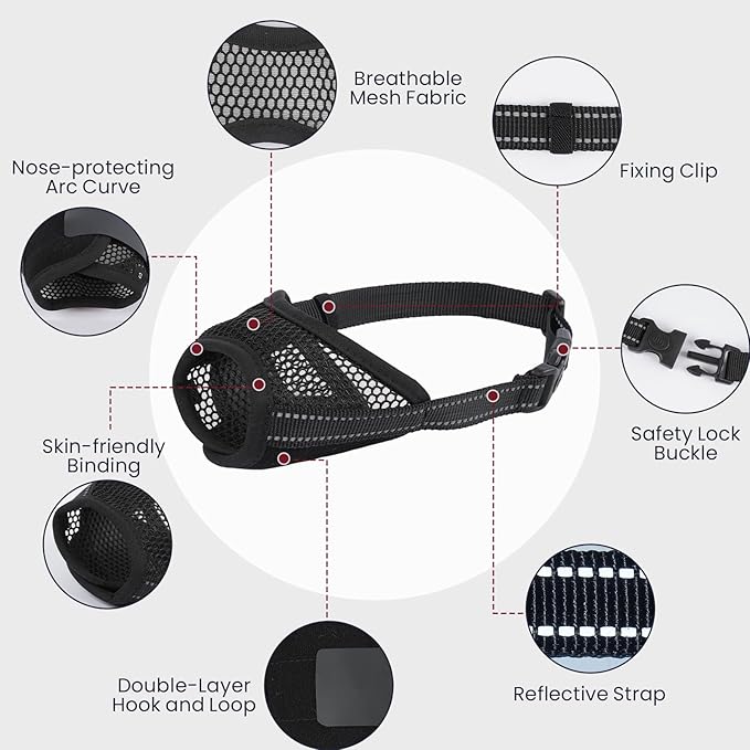 2 Pack Dog Muzzle,Mesh Soft Muzzle for Small Medium Large Sized Dog, Anti Barking Biting, Breathable Adjustable Drinkable，Mouth Cover for Grooming Training（Black, S