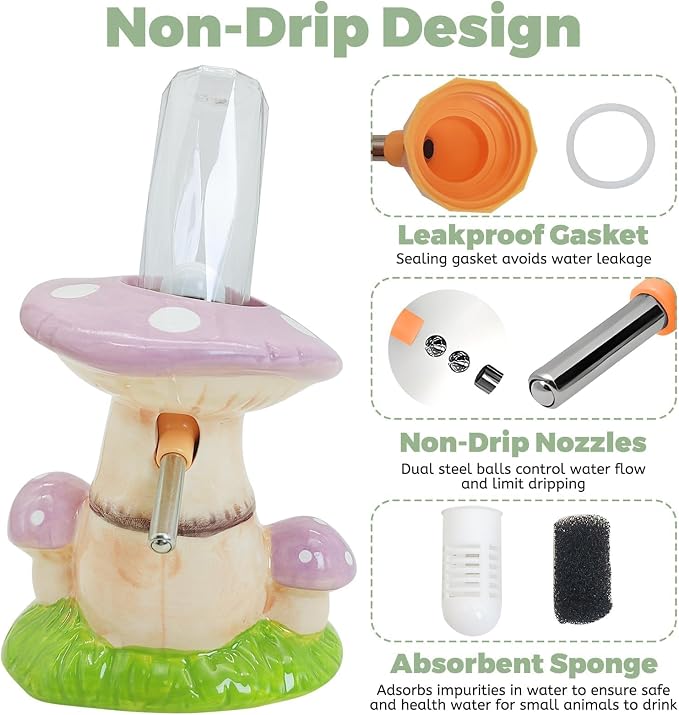 PINVNBY Hamster Water Bottle No Drip Ceramic Automatic Gerbil Water Bottle 80ML Water Dispenser with Mushroom Stand Holder for Gerbils Syrian Hamsters Dwarf Hamsters Mice (Purple)