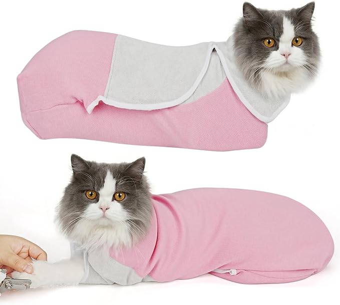 Cat Wrap for Cutting Nails, Self-Adhesive Cat Nail Clipping Restraint Bag, Anti-Scratch Cat Grooming Wrap Swaddle for Meds, SubQ Fluids, Ear Cleaning, Teeth Brushing & Vet Visits,Pink,L