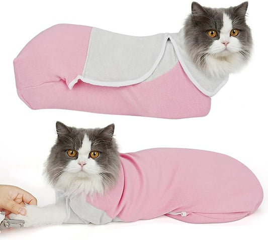 Cat Wrap for Cutting Nails, Self-Adhesive Cat Nail Clipping Restraint Bag, Anti-Scratch Cat Grooming Wrap Swaddle for Meds, SubQ Fluids, Ear Cleaning, Teeth Brushing & Vet Visits,Pink,M