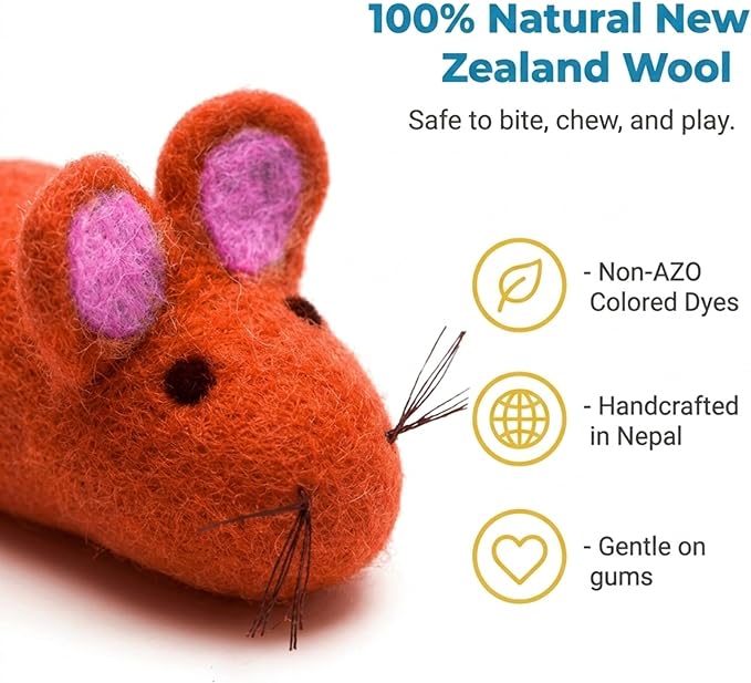 Glaciart One Felt Mouse Cat Toy – Soft Fuzzy Enrichment 100% Natural Wool - Interactive Catnip Play Cat Toy Set - Safe for Pets, Non-AZO Colored Dyes - 100” Long