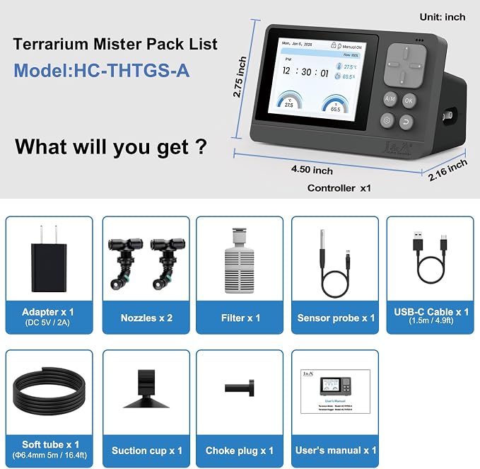 J&A Automatic Reptile Mister Temp Humidity Controller Terrarium Grey Black | New-Gen Misting System with Thermo-Hygrometer, Adjustable Spray Nozzles for Lizards, Chameleons & Snakes Tanks