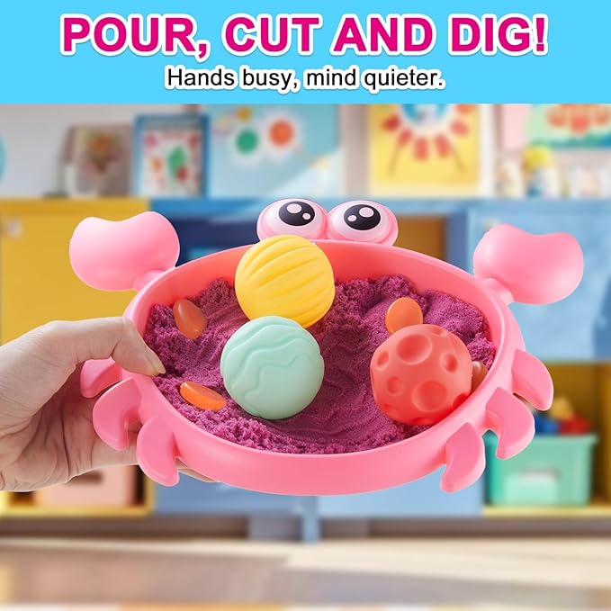 Carolart Mini Crab Sandbox with Color-Changing Sensory Sand, Office Desktop Crab Zen Garden Kit, Sensory bin for Stress Relief with Sensory Balls，Sand Art Kit for Kids and Adults