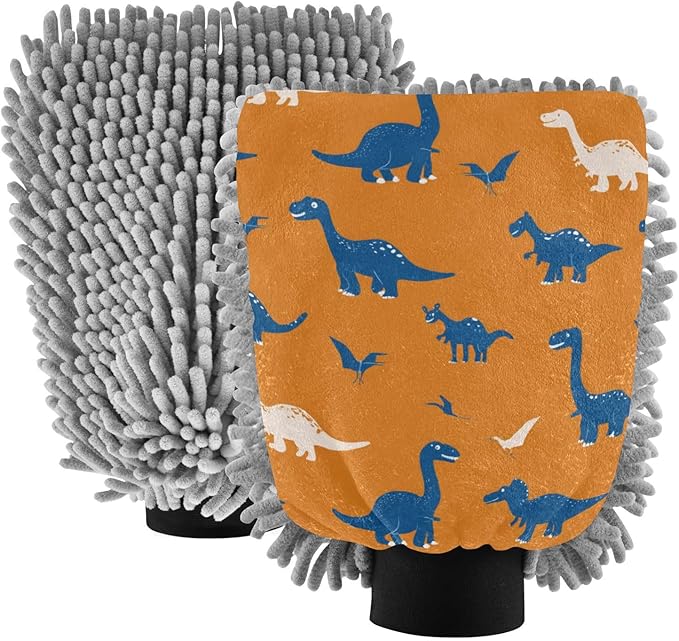 Car Wash Mitt Microfiber Wash Mitts for Car Washing Scratch-Free Cleaning Gloves Soft Non Absorbent Chenille Auto Hand Mitt Large 2Pack Cute Orange Dinosaurs