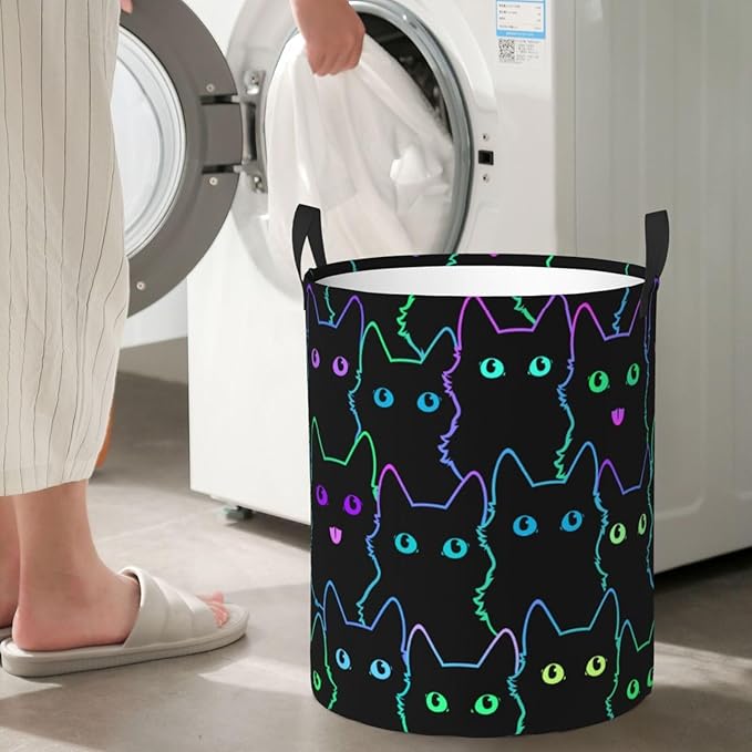Funny Black Cats Round Laundry Hamper Cute Cat Silhouettes Storage Basket Toys Clothes Organizer Bin For Home Bathroom Bedroom Dorm Nursery, 62l