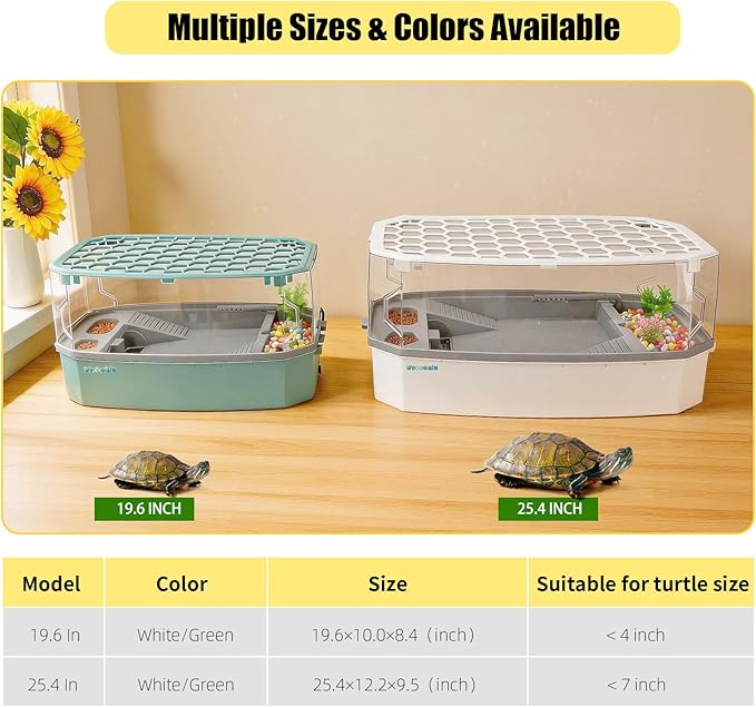 Large Turtle Tank Aquarium Kit with Basking Platform 3-Stage Filter Heating Lamp Anti-Escape Lid Complete Habitat for Aquatic Box Turtles (Green, 25.4×12.2×9.5 Inch)