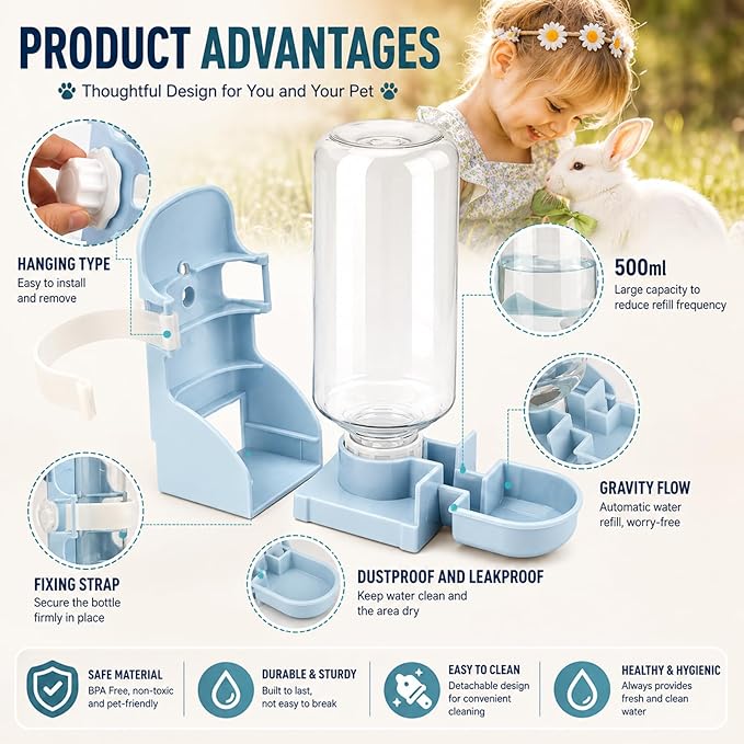 Rypet Rabbit Water Bottle No Drip - 17oz Hanging Water Fountain Automatic Dispenser Pet Cage Water Feeder for Bunny Chinchilla Guinea Pig Hedgehog Ferret Blue