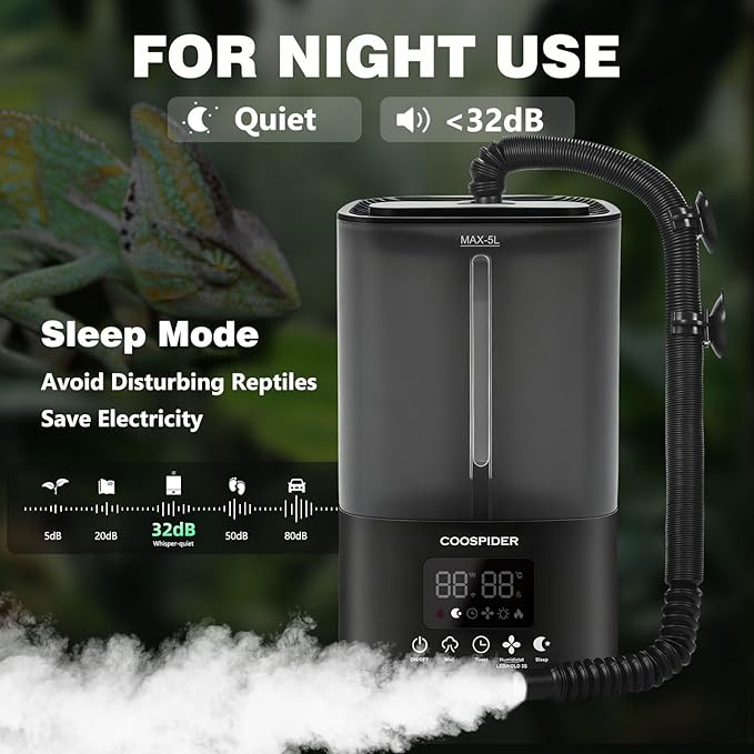 Coospider Reptile Fogger Humidifier, Automatic Humidifiers for Reptiles Tank, Terrarium Humidifiers with Dual Hose Timer Humidity Control, Reptile Mister for Amphibians Herps Vivarium (5L/1.32Gallon)