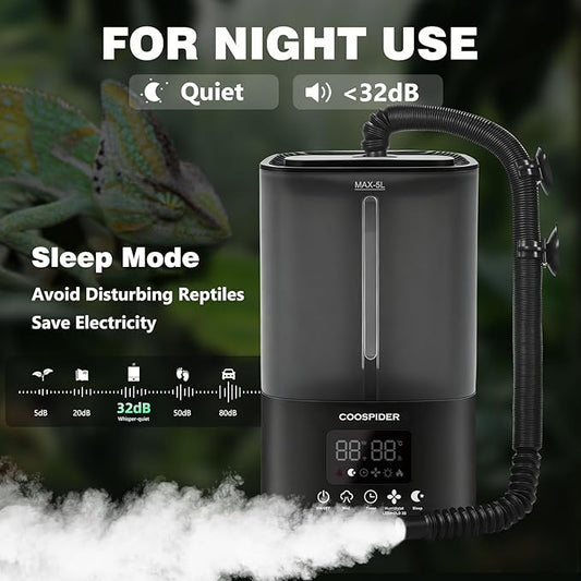 Coospider Reptile Fogger Humidifier, Automatic Humidifiers for Reptiles Tank, Terrarium Humidifiers with Dual Hose Timer Humidity Control, Reptile Mister for Amphibians Herps Vivarium (5L/1.32Gallon)