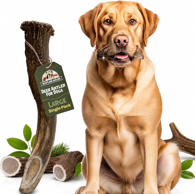 Deer Antlers for Dogs Large - 6-8 Inch Heartland Antlers Dog Chew for 40-80 lb Dogs, Long Lasting Chew for Aggressive Chewers, Naturally Shed, Grade A USA Sourced Single Ingredient, Splinter Resistant