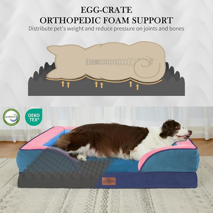 Comfort Expression Orthopedic Dog Bed for Extra Large Dogs with Bolster | Waterproof Dog Couch Bed with Washable Cover & Non-Slip Bottom, Supportive Egg Crate Foam XL Pet Bed, 45x35 Inch