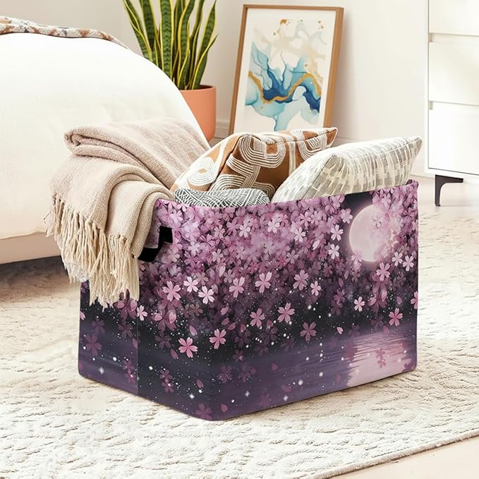 56L Cherry Blossoms Laundry Basket Clothes Hamper with Handles,Foldable Blanket Storage Large Laundry Hamper with Waterproof PE,Toy Storage Bin Organizer,Cube Clothes Organizer,Home Decor