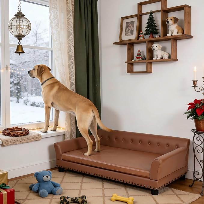 BingoPaw Large Leather Dog Sofa: Indoor Doggy Couch Made by Scratching Resistant Microfiber Leather - Raised Doggie Lounge Bed Breathable for Giant Breed Dogs up to 120lbs