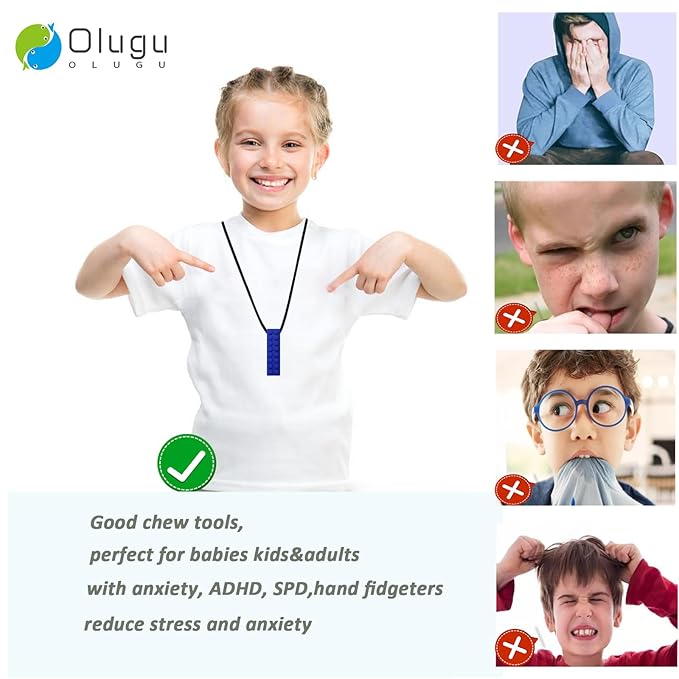 Chewing Necklace for Kids Sensory, Blocks Sensory Necklace for Chewing Boys Girls with Autism, ADHD, Teething, Biting, Chewing Needs, Silicone Chewy Necklace Sensory for Reduce Anxiety -7 Pack