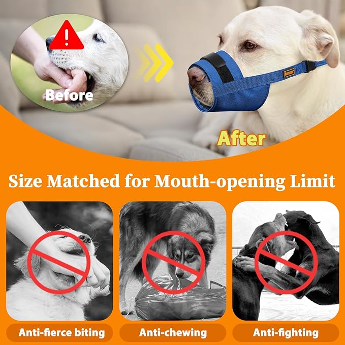 Mayerzon Dog Muzzle for Large Medium Small Dogs, Adjustable Fit, Soft & Sturdy Fabric, Prevents Fierce Barking Biting Chewing, Ideal for Grooming Walking Vet Visits, Allows to Pant Drink (Blue, M)