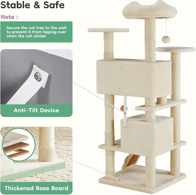 DUMOS 54 Inch Indoor Cat Tree Tower with Scratching Posts, Multi-Level Pet House for Large Cats with 2 Condos, Round Platform, Small Ladder, and Toys – Perfect for Cats of All Ages, Beige