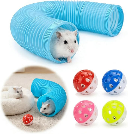 Hamster Collapsible Tunnel Tube Toys with 4 Bell Balls, Expandable Small Animal Hideout Exercise Toy 7.8inch Unextended 32.7inch Extended for Guinea Pig Gerbil Rat Ferret (Blue)