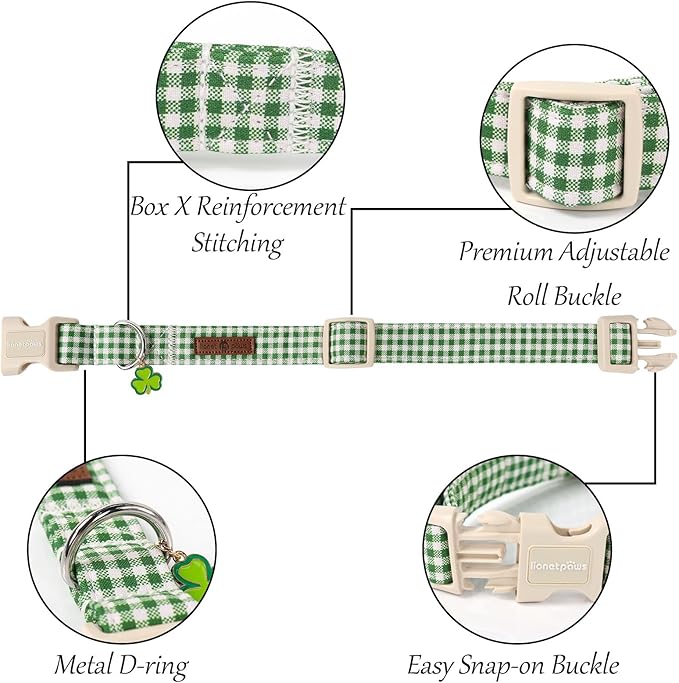 Lionet Paws St. Patrick Dog Collar, Comfortable Adjustable Green Collar with Green and White Grid Pattern for Medium Male Female Dogs Collars, Neck 13.5-22 inches
