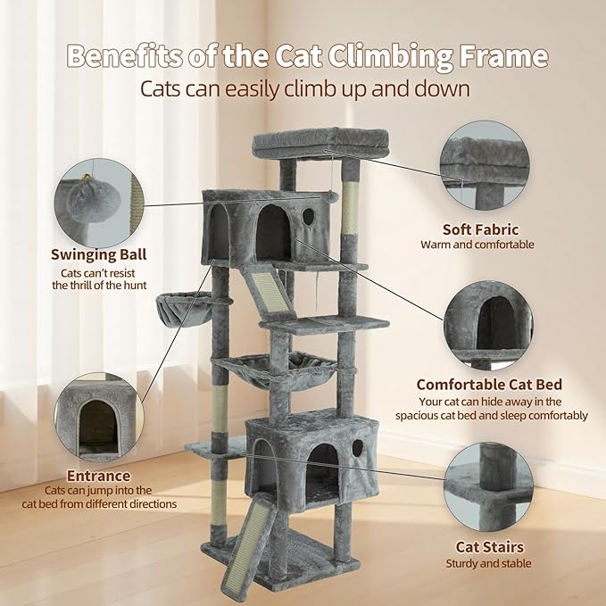 68.9-inch (175cm) Multi-Level Cat Tree with 2 Scratching Boards, 2 Plush Beds, Hammock & Toy Ball for Indoor Cats(Grey)