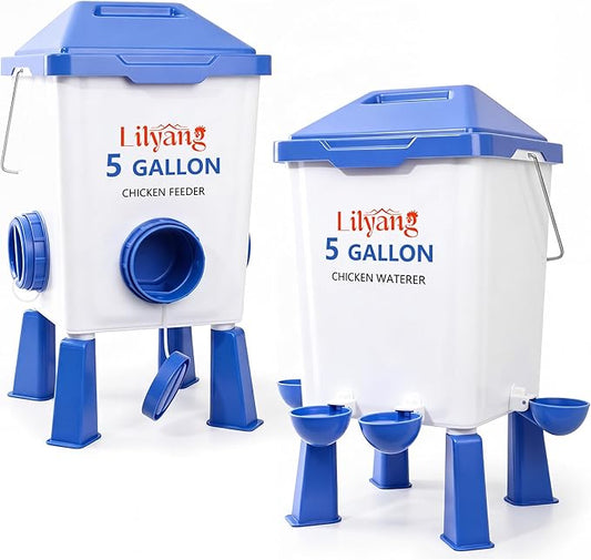 Lilyang Large Chicken Feeder and Waterer Set 5 Gallon, Automatic No-Waste Feeder, Elevated Water Dispenser with Legs, Anti-Spill Ports & Leak-Proof Cups, Feed Chickens & Ducks