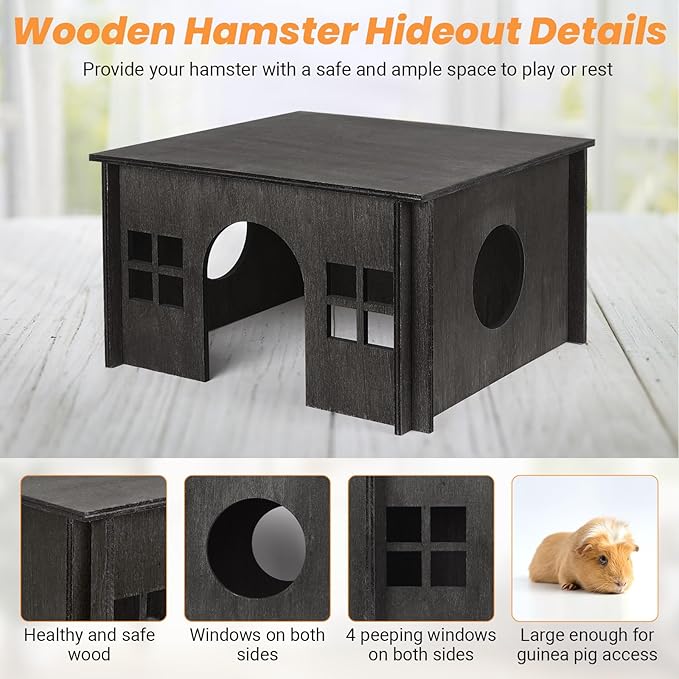 Black Guinea Pig Hideout and Hideouts, Wooden Guinea Pig House with Cushion, Lovely Chinchilla House with Windows, Large Hamster House Hideout for Hamsters Small Bunny Chinchillas Playing Hiding