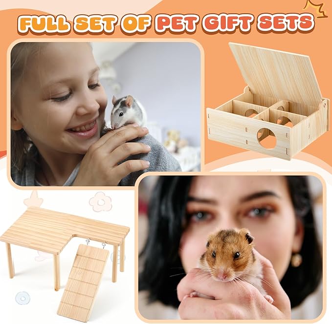 2 Pcs Natural Wooden Hamster Platform & Multi-Chamber Hideout, Flip-top Labyrinth Tunnel Cage Accessories for Syrian Dwarf Hamsters, Gerbils, Mice, Stress Relief Small Animal Habitat Decor
