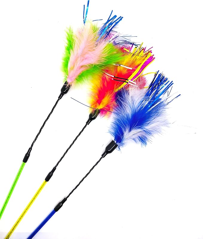 Kats'N Us 18 Inch Wand with Feathers Teaser Cat Toy - Blue, Hunting Instinct Play, Flexible Acrylic Handle, Interactive Exercise Attachment for Indoor Cats