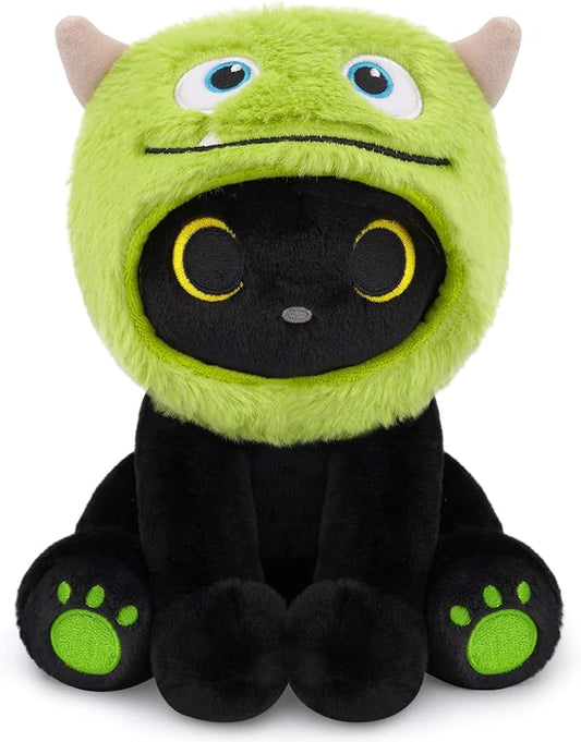 Cat Plush - 8" Black Cat with Removable Green Monster Costume, Soft Stuffed Animal Toy for Kids, Girls, Boys & Adults, Huggable Cute Plushies for Birthday Gift, Room Decor
