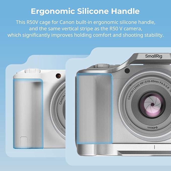 SmallRig R50 V Camera Cage for Canon R50V, Built-in Ergonomic Silicone Grip, QR Plate for Arca, 1/4"-20 Threaded Hole, 3/8"-16 Holes for ARRI, Cold Shoe, QD Sockets, Vertical Shooting(Silver)-5428