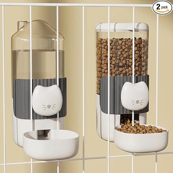 Automatic Rabbit Feeder and Water Dispenser Set,54oz Gravity Food Feeder&17oz Leak-Proof Water Bottle for Guinea Pigs,Small Animals,Chinchillas,Ferrets,Cage Mount Feeding Station（Cat Head）