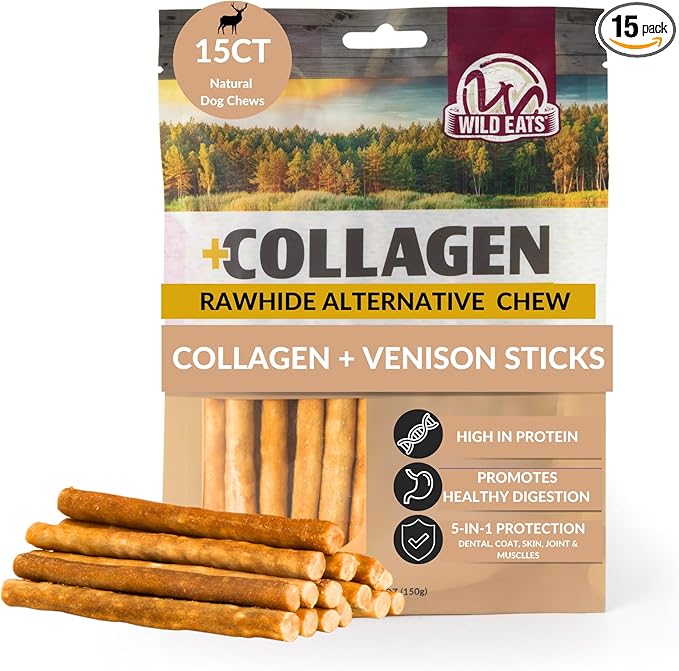 Wild Eats Venison Collagen Sticks for Dogs (15 Pack, 1 cm Wide) Long Lasting Dog Chews No Hide Dog Treat Bully Stick Alternative, Rawhide Free, Grain Free, High Protein