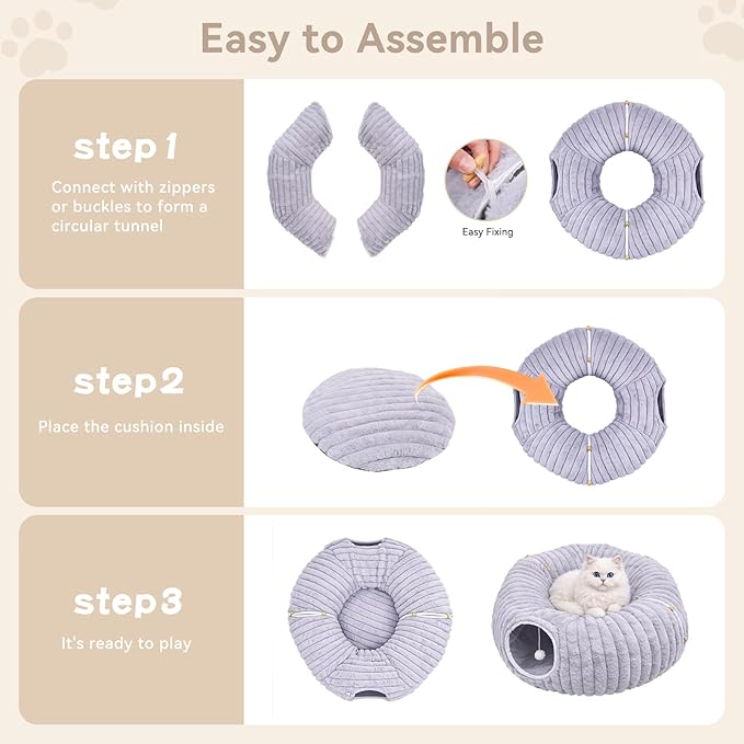Cat Tunnel Bed, Peekaboo Hideaway Cave for Indoor Cats, Machine Washable Kitten Bed, Cat Donut, Dachshund Tunnel Bed for Small Dogs, Upgraded Striped Hare Feel Fabric (Grey)
