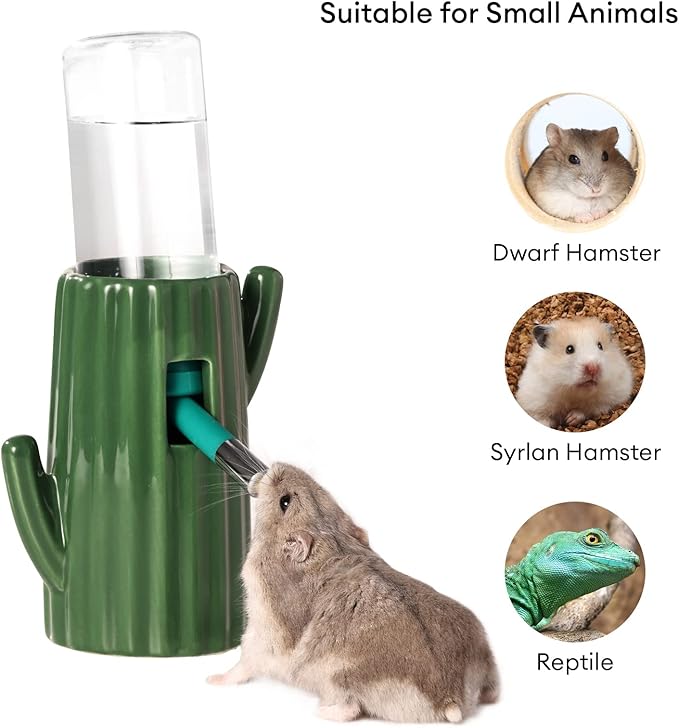 BUCATSTATE Cactus Ceramic Leakproof Hamster Water Bottle Gerbils Water Bottles with Holder Water Feeder for Small Animals (Green)