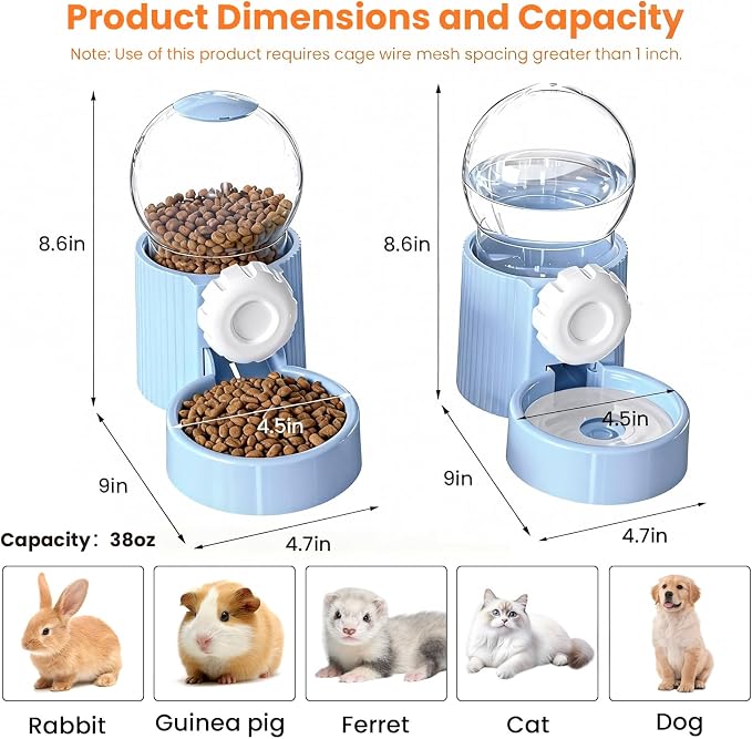 38oz Hanging Automatic Food Water Dispenser, Large Capacity Gravity Rabbit Water Dispenser and Feeder Set, for Bunny Guinea Pig Chinchilla Ferret Cage Accessories (Blue)