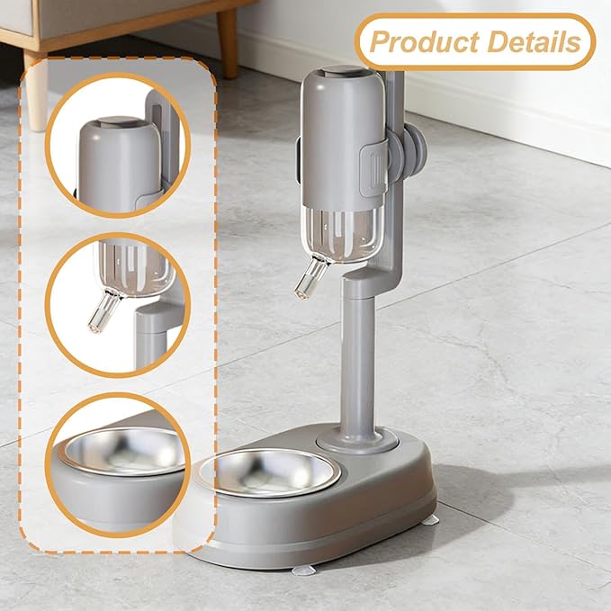 Baoblaze Pet Standing Water Dispenser Pet Feeder and Waterer Food Container, with Adjustable Height for Ferrets Bunny Kittens, Gray