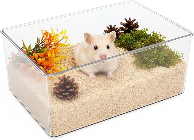Coloch Hamster Sand Bath Box with Wood Cover, Rectangle Clear Hamster Digging Sand Container with Climbing Ladder Multifunctional Plastic Guinea Pig Bathroom for Small Animals