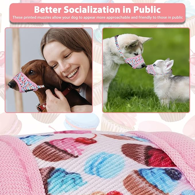 LUCKYPAW Dog Muzzle Anti Biting Barking and Chewing with Comfortable Mesh Soft Fabric and Adjustable Strap, Suitable for Small, Medium and Large Dogs(Pink Cake,S)