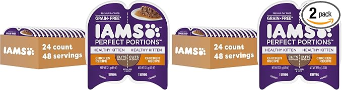 IAMS Perfect Portions Healthy Kitten Grain Free Wet Cat Food Cuts in Gravy,Chicken Recipe,2.6 oz. Easy Peel Twin-Pack Trays (,48 Servings),24 Count (Pack of 2)