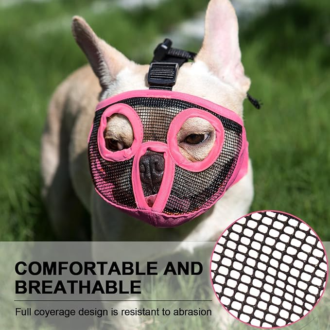 Short Snout Dog Muzzles- Adjustable Breathable Mesh Bulldog Muzzle for Biting Chewing Licking Training Grooming Dog Mask (Pink, Small/9"-12")