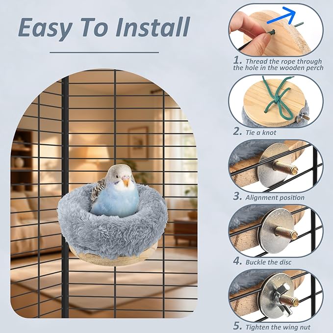 DBNESS Small Bird Nest for Cage, Removable Plush Parrot Hammock Warm Resting Perch Platform for Budgies Cockatiel Conure Parakeet Hamster Washable Breeding Sleeping Lay Eggs Nesting (Grey, S)