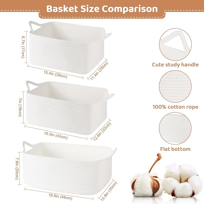 OIASKET Empty Gift Baskets for Baby Shower, 15.4"L x 11.4"W x 6.7"H Cute Woven Storage Basket with Gift Bags and Ribbons, Small Rope Toy Basket with Handles, Cat Dog Pet Toy Organizer - Small White