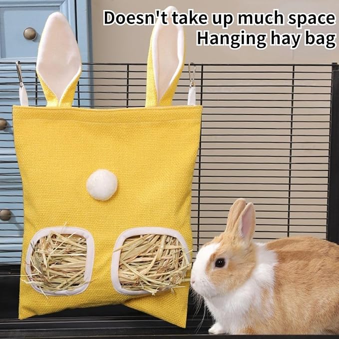 Rabbit Hay Feeder, Bunny Hay Bag for Rabbits,Rabbit Feeder Fabric Bag Feeder Storage Bag,Large Capacity Cotton Canvas Fabric Hanging Hay Feeder Bag for Small Animal,Hay Guinea Pig (Yellow,M)