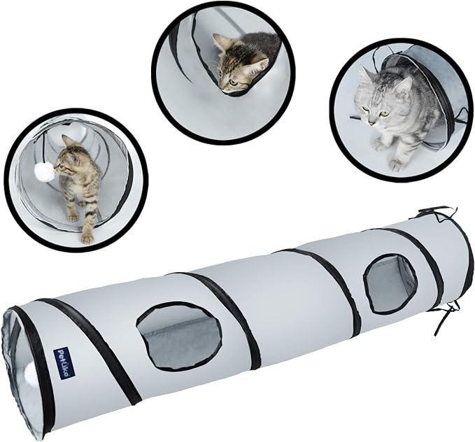 PetLike Cat Tunnel for Indoor Cats Collapsible Pop-up Pet Tube Peek Hole Hideaway Play Toys for Cats with Ball